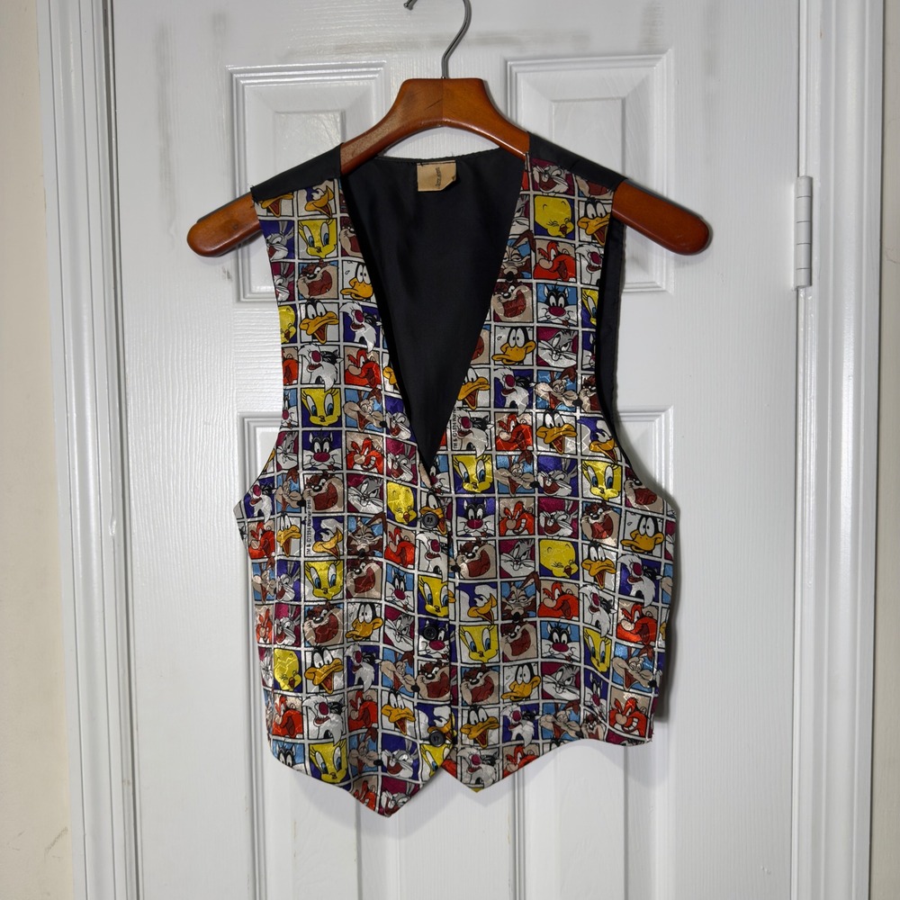 Vintage 1993 Looney Tunes Character Grid Button Front Vest Size M
